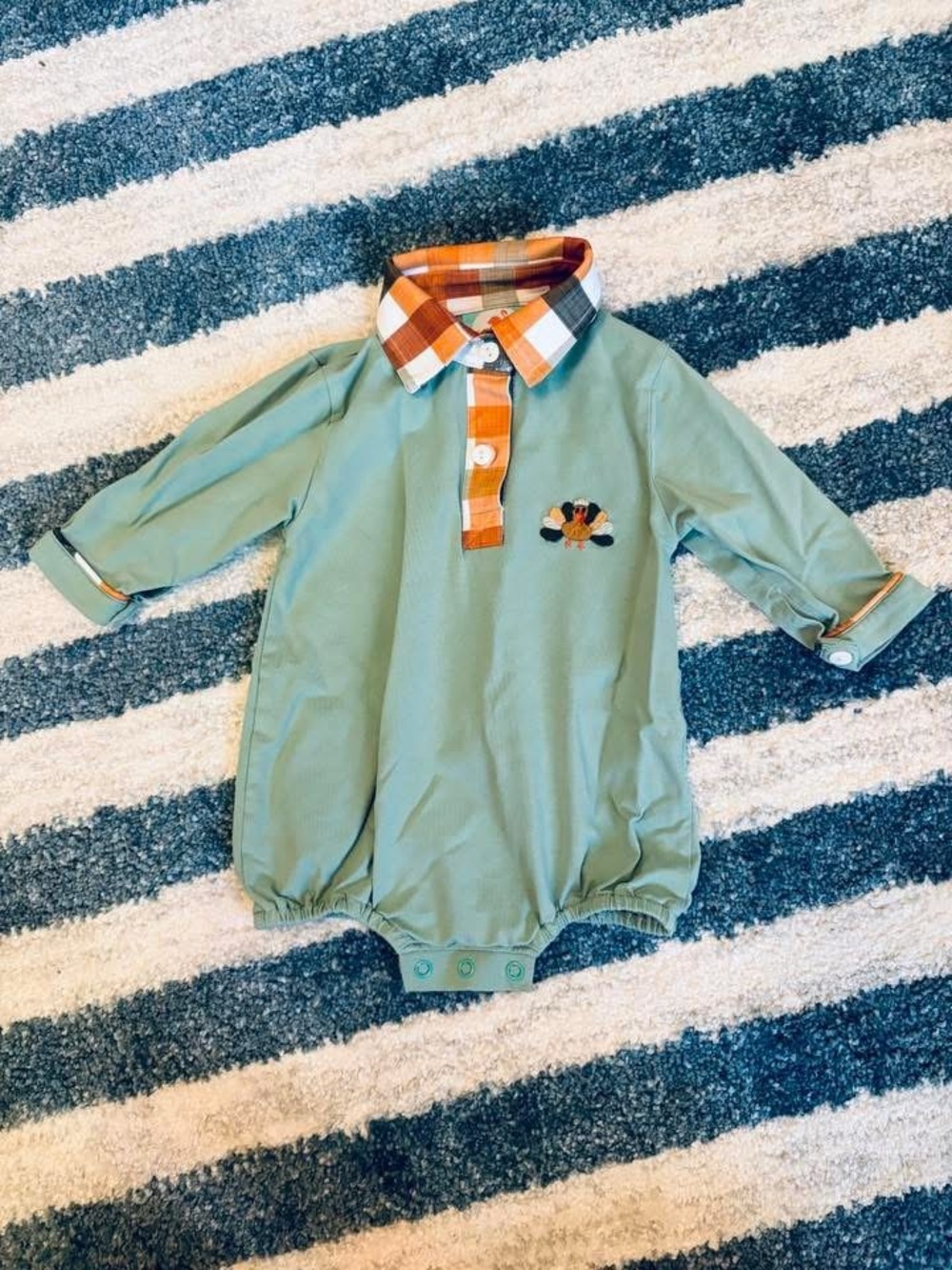 The Smocked Flamingo Boutique 3mo Baby Boy Sage Green Romper Orange Plaid Collar
